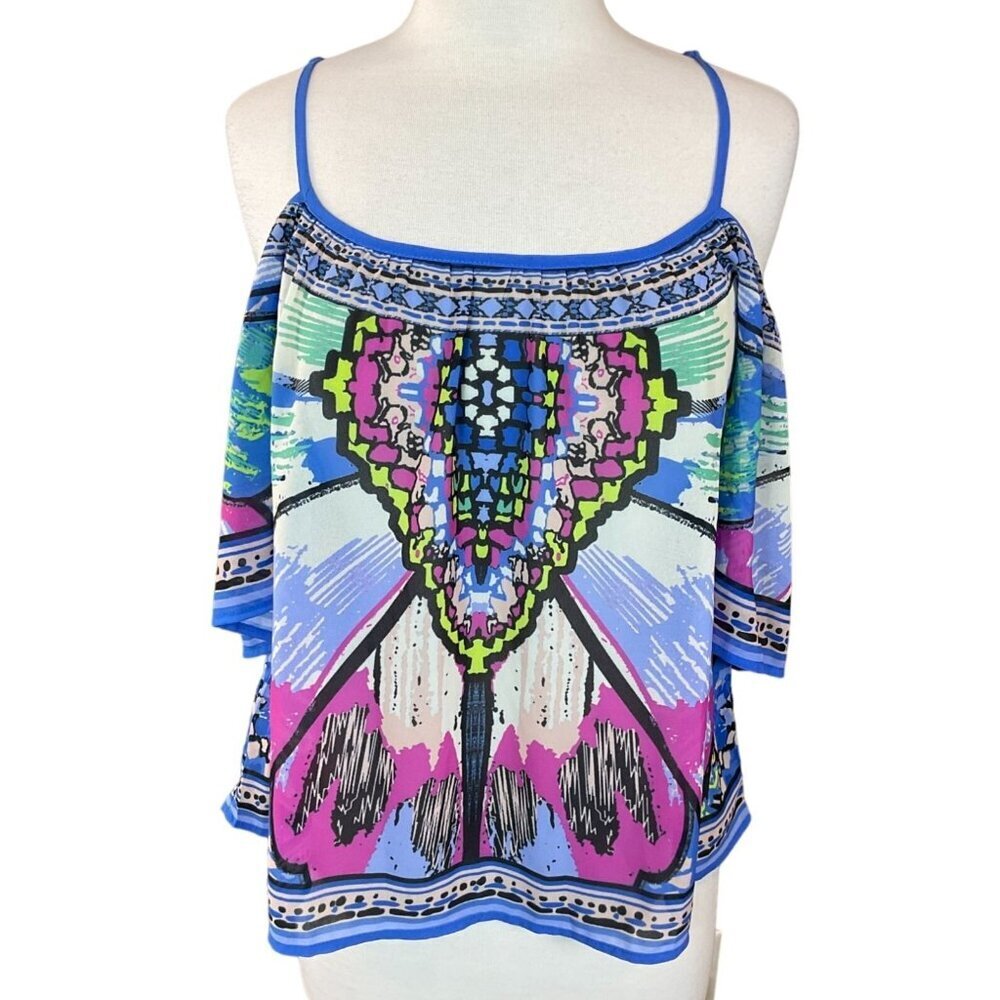 Flying Tomato Colorful Boho Print Semi Sheer Jewel Tone Cold Shoulder Top M